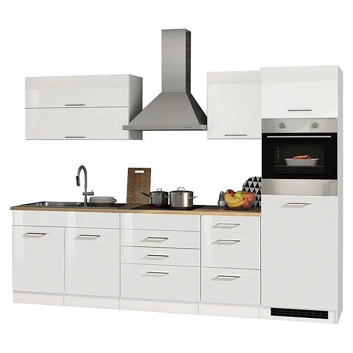 Held Möbel Küchenzeile Bari Typ 2 - Breite: 290 cm, Weiß, Mit Elektrogeräten - Moderne weiße Küchenzeile mit Hochglanzschränken, Holzarbeitsplatte, Edelstahlgeräten, Spüle und integriertem Ofen mit Speisen.