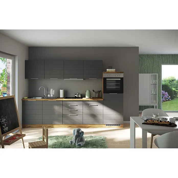 Held Möbel Küchenleerblock Genua Typ 2 - Breite: 300 cm, Grau, Ohne Elektrogeräte - Moderne dunkelgraue Küche mit hellen Holz-Arbeitsplatten und integrierten Geräten, die in einen Essbereich übergeht.