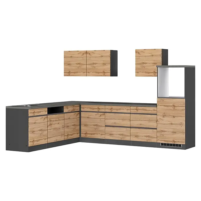 Held Möbel Küchenleerblock Catania Typ 1 - 300 x 240 cm, Eiche, Ohne Elektrogeräte - Eckküchenzeile mit hellen Holzfronten und dunkelgrauer Arbeitsplatte, inklusive Spüle und Gerätestellplatz.