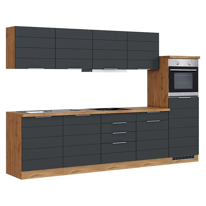 Held Möbel Küchenzeile Genua Typ 3 - Breite: 300 cm, Grau, Mit Elektrogeräten - Modulare Küchenzeile mit dunkelgrauen Schränken, hellen Holzdekor-Platten, Spüle, Kochfeld und integriertem Backofen.