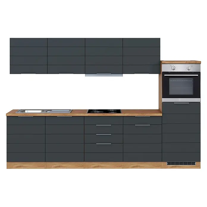 Held Möbel Küchenzeile Genua Typ 3 - Breite: 300 cm, Grau, Mit Elektrogeräten - Moderne dunkelgraue Küchenzeile mit Holzplatte, Spüle, Kochfeld und Ofen.