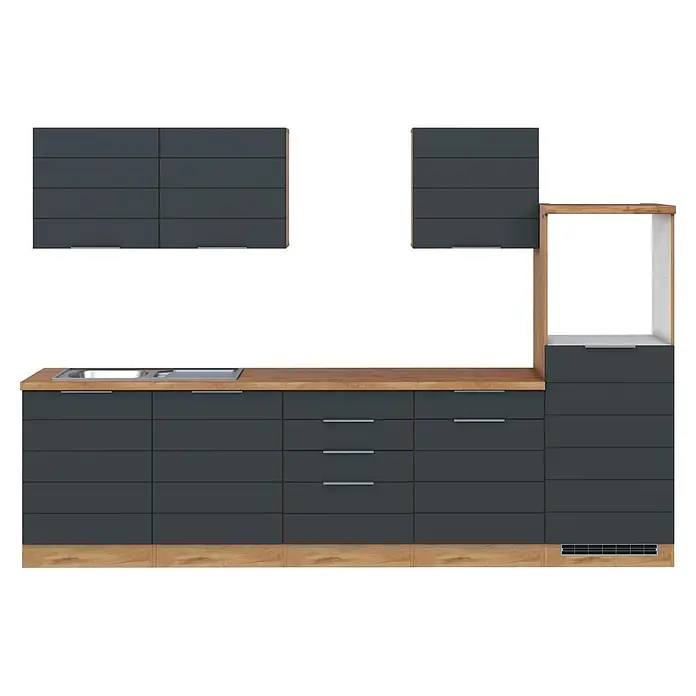 Held Möbel Küchenleerblock Genua Typ 2 - Breite: 300 cm, Grau, Ohne Elektrogeräte - Moderne Küchenzeile mit dunkelgrauen Schränken, heller Holzplatte, integrierter Spüle und Oberschränken.
