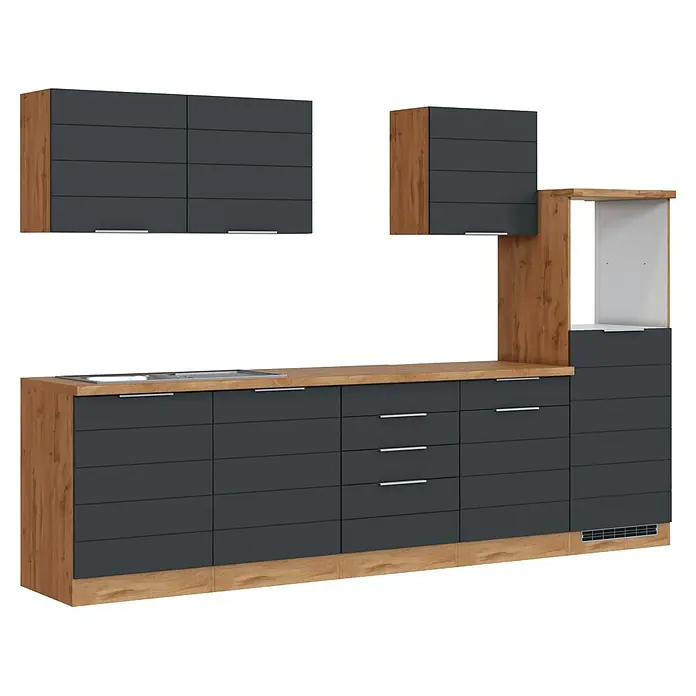 Held Möbel Küchenleerblock Genua Typ 2 - Breite: 300 cm, Grau, Ohne Elektrogeräte - Moderne Küchenzeile mit dunkelgrauen Fronten und hellen Holzdetails, inklusive Spüle und Stauraum.