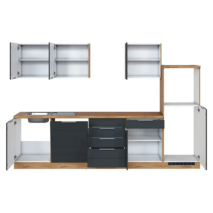 Held Möbel Küchenleerblock Genua Typ 4 - Breite: 300 cm, Grau, Ohne Elektrogeräte - Modulare Küchenzeile mit Holzdekorrahmen, weißen Innenräumen, dunkelgrauen Schubladenfronten, einer Edelstahlspüle und verschiedenen offenen Türen und Schubladen.