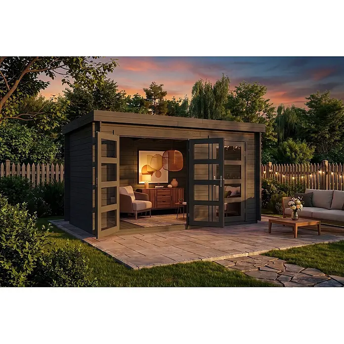 Alpholz Gartenhaus ECO Set Paloma Grande grau 28mm Wandstärke - Außenmaß inkl. Dachüberstand (B x T): 398 x 230 cm, Holz, Grau
