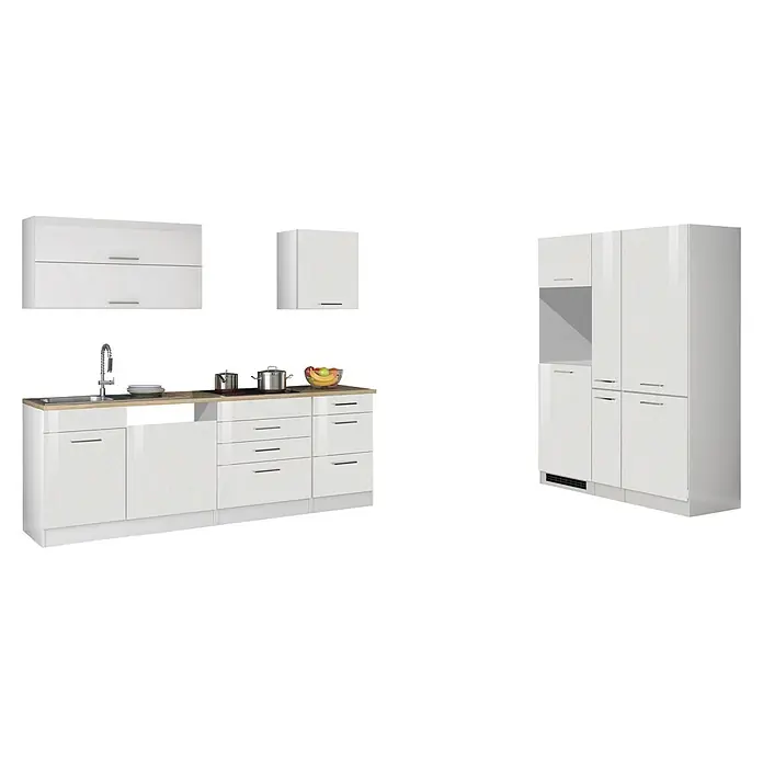 Held Möbel Küchenleerblock Bari Typ 3 - Breite: 390 cm, Weiß, Ohne Elektrogeräte - Weißes modulares Küchenset mit Spüle, Kochfeld und Schränken.