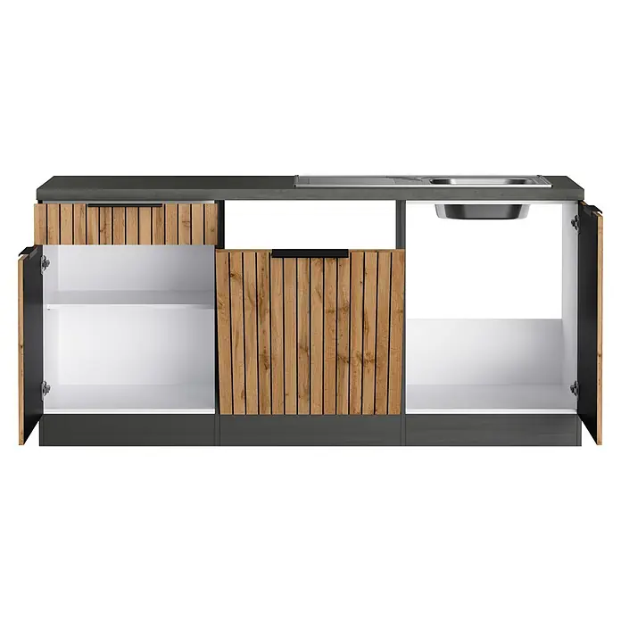 Held Möbel Küchenleerblock Bologna Typ 3 - 300 x 240 cm, Eiche, Ohne Elektrogeräte - Küchenunterschrank mit dunkelgrauer Arbeitsplatte, Spüle und hellen Holzlamellentüren, teils offen mit weißen Einlegeböden.