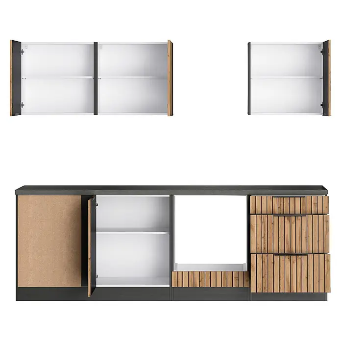 Held Möbel Küchenleerblock Bologna Typ 3 - 240 x 240 cm, Eiche, Ohne Elektrogeräte - Moderne Küchenoberschränke und Unterschränke in Dunkelgrau und hellem Holz mit weißen Regalböden. Mit offenen Türen und Lamellenschubladen.