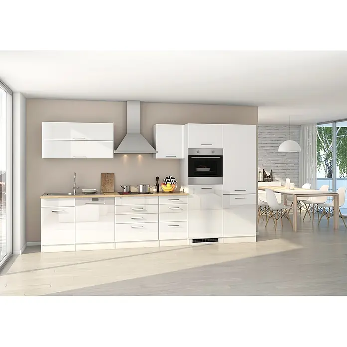 Held Möbel Küchenleerblock Bari Typ 3 - Breite: 360 cm, Weiß, Ohne Elektrogeräte - Eine moderne, weiße Hochglanzküche mit integrierten Geräten, Holztheke und Essbereich.