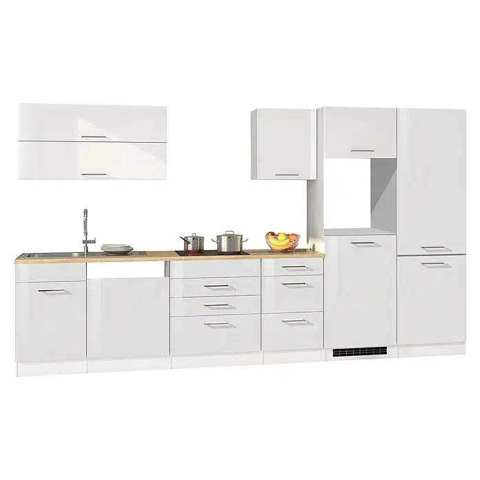 Held Möbel Küchenleerblock Bari Typ 3 - Breite: 360 cm, Weiß, Ohne Elektrogeräte - Moderne weiße Küchenzeile mit Holzplatte, integrierter Spüle, Herd und verschiedenen Schränken und Schubladen.