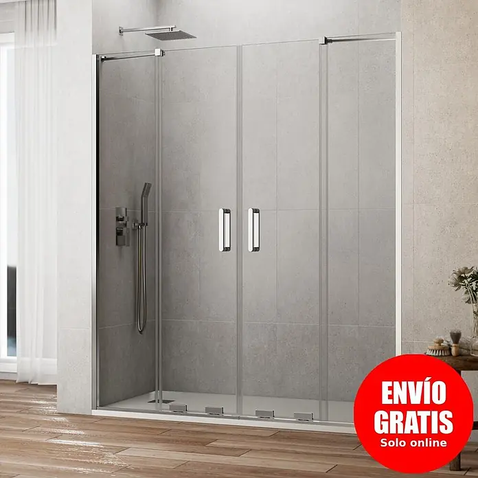 GME Mampara de ducha frontal Kenna - 161 x 195 cm, Espesor de vidrio: 8 mm, Cromo - Mampara de ducha de cristal moderna con tiradores y herrajes cromados, instalada en un área de ducha alicatada.