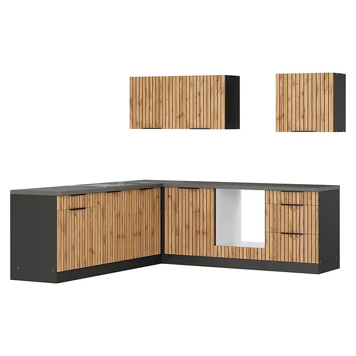 Held Möbel Küchenleerblock Bologna Typ 3 - 240 x 240 cm, Eiche, Ohne Elektrogeräte - L-förmige Küchenunterschränke und zwei Oberschränke mit dunkelgrauen Rahmen, Holzlamellenfronten und grauer Arbeitsplatte mit Spüle.