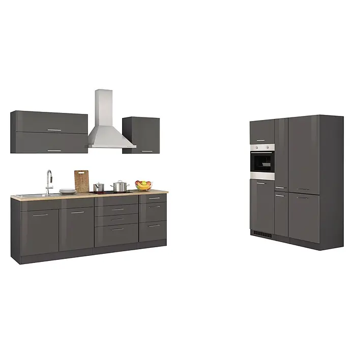 Held Möbel Küchenzeile Bari Typ 2 - Breite: 380 cm, Grau, Mit Elektrogeräten - Moderne dunkelgraue Küchenzeile mit glänzenden Schränken, Holzplatte, Spüle, Kochfeld, Backofen und Dunstabzugshaube.