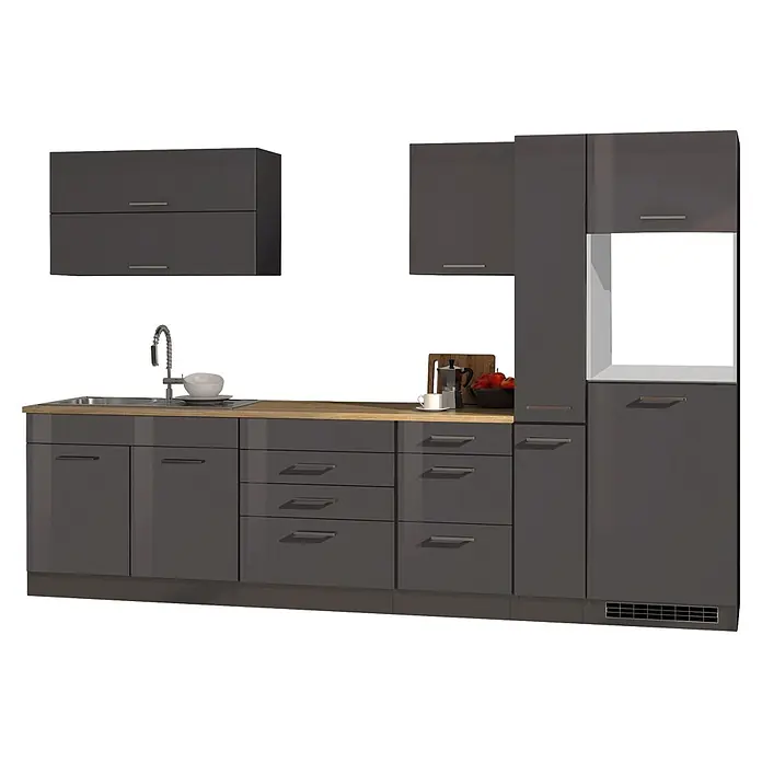 Held Möbel Küchenleerblock Bari Typ 3 - Breite: 320 cm, Anthrazit, Ohne Elektrogeräte - Moderne dunkelgraue Küchenzeile mit Holzplatte und Spüle. Inklusive Ober- und Unterschränke.