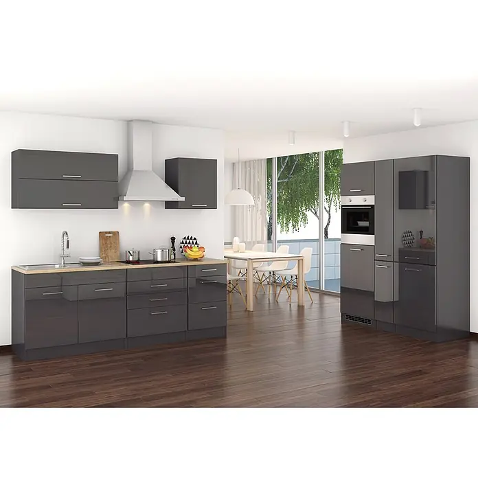 Held Möbel Küchenleerblock Bari Typ 3 - Breite: 380 cm, Anthrazit, Ohne Elektrogeräte - Moderne hochglanz-dunkelgraue Küche mit heller Holzplatte in einem geräumigen Zimmer.
