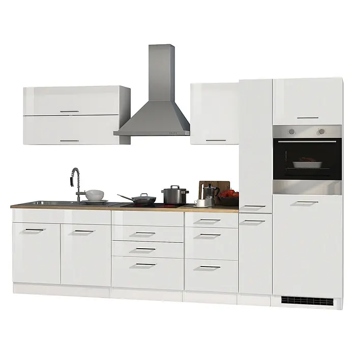 Held Möbel Küchenzeile Bari Typ 2 - Breite: 320 cm, Weiß, Mit Elektrogeräten - Moderne weiße Küchenzeile mit integrierten silbernen Geräten, Arbeitsplatte in Holzoptik, Spüle, Kochfeld und Backofen.
