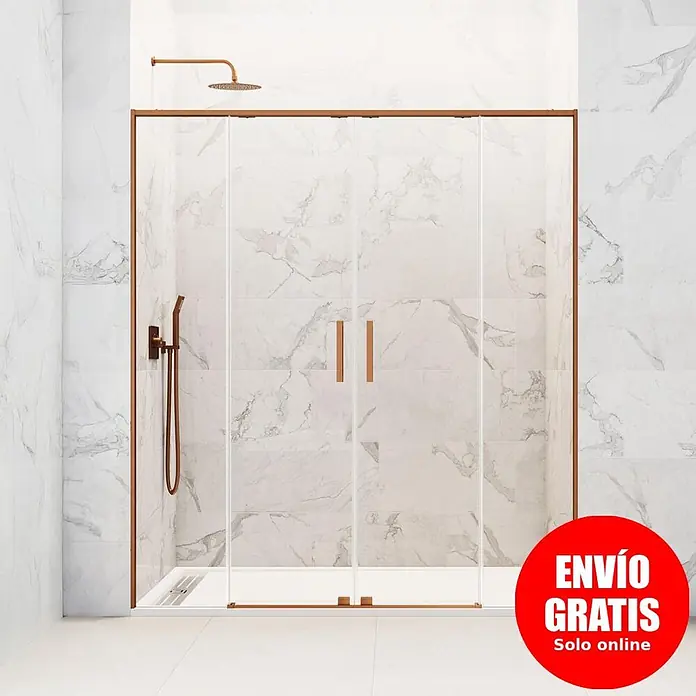 GME Mampara de ducha frontal Twenty Spazio - 190 x 195 cm, Espesor de vidrio: 6 mm, Cobre - Mampara de ducha de cristal con marco bronce y puertas correderas.