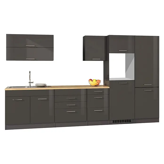 Held Möbel Küchenleerblock Bari Typ 3 - Breite: 350 cm, Anthrazit, Ohne Elektrogeräte - Moderne dunkelgraue Küchenzeile mit heller Holztheke, Spüle und Obstschale.