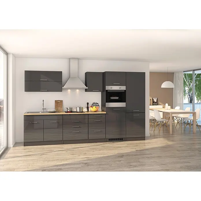 Held Möbel Küchenleerblock Bari Typ 3 - Breite: 350 cm, Anthrazit, Ohne Elektrogeräte - Dunkelgraue Hochglanz-Küchenzeile mit heller Holz-Arbeitsplatte, integriertem Ofen, Kochfeld, Spüle und Dunstabzugshaube im offenen Wohnbereich.