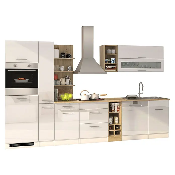 Held Möbel Küchenleerblock Bari Typ 2 - Breite: 340 cm, Weiß, Ohne Elektrogeräte - Moderne weiße Hochglanz-Küchenzeile mit integriertem Backofen, Kochfeld, Spüle, Geschirrspüler, Edelstahlhaube und hellen Holzregalen.