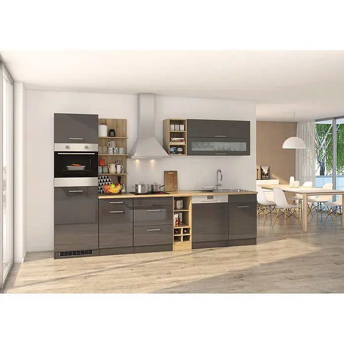 Held Möbel Küchenleerblock Bari Typ 2 - Breite: 310 cm, Anthrazit, Ohne Elektrogeräte - Moderne, dunkelgrau glänzende Küchenzeile mit Holzdetails, integriertem Backofen, Kochfeld und Spüle in einem hellen Küchen-Essbereich.