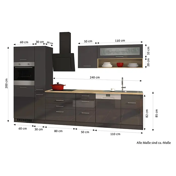 Held Möbel Küchenleerblock Bari Typ 1 - Breite: 330 cm, Anthrazit, Ohne Elektrogeräte - Dunkelgraue Modulküche mit heller Holz-Arbeitsplatte, integrierten Geräten wie Backofen, Kochfeld, Spüle, Geschirrspüler und Dunstabzugshaube.