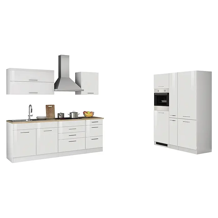 Held Möbel Küchenzeile Bari Typ 2 - Breite: 380 cm, Weiß, Mit Elektrogeräten - Weiße Hochglanz-Küchenschränke mit heller Holzoptik-Arbeitsplatte, integrierter Spüle, Kochfeld, Backofen und Dunstabzugshaube.