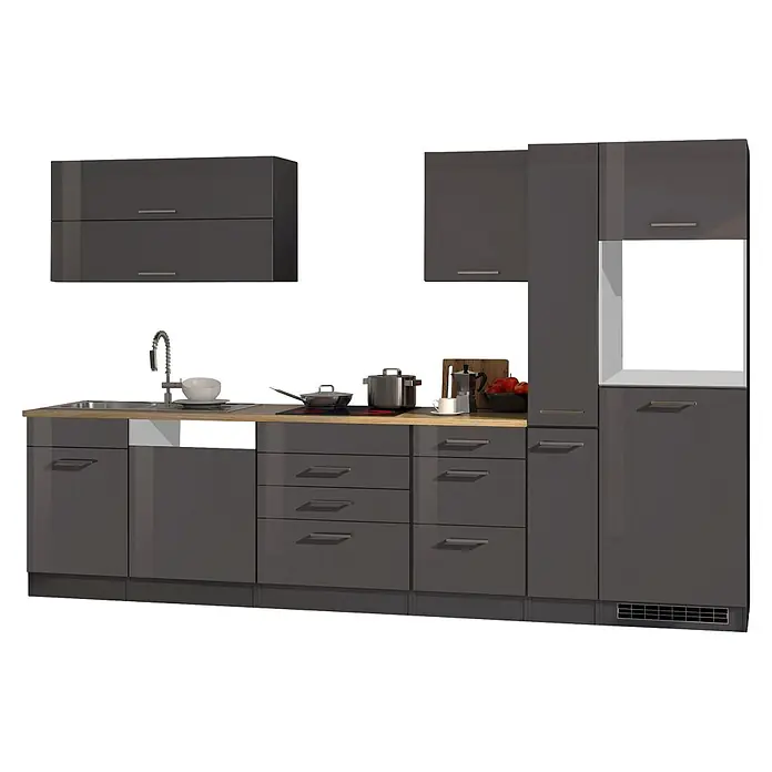 Held Möbel Küchenleerblock Bari Typ 3 - Breite: 330 cm, Anthrazit, Ohne Elektrogeräte - Dunkelgraue Küchenzeile mit Holzplatte, Spüle, Herd, Schränken und Schubladen.