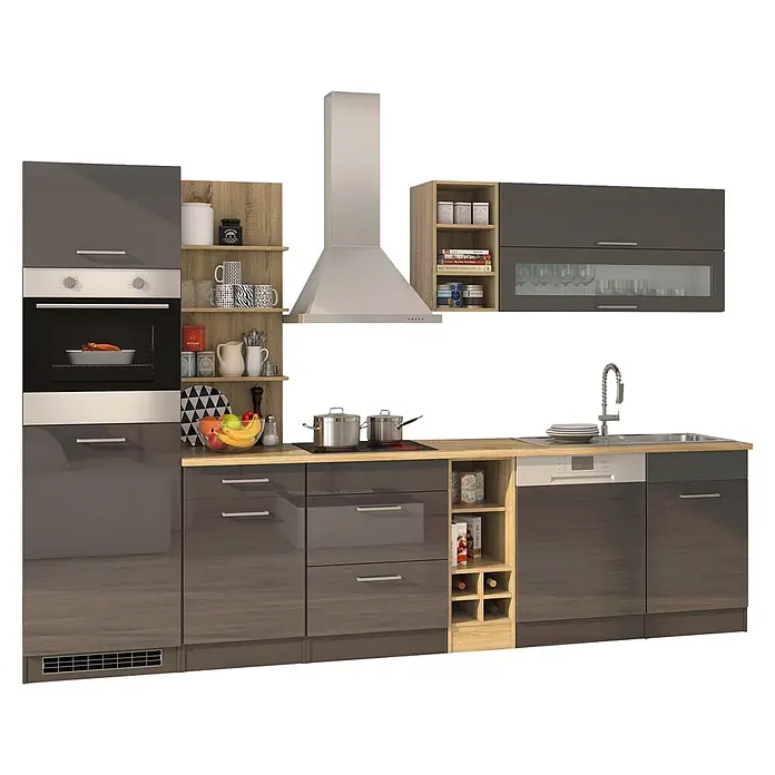 Held Möbel Küchenleerblock Bari Typ 2 - Breite: 310 cm, Anthrazit, Ohne Elektrogeräte - Moderne Küchenzeile in Grau und Holzoptik mit Ofen, Spüle und Dunstabzugshaube.