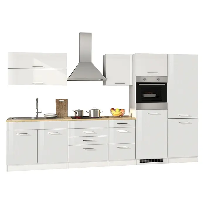 Held Möbel Küchenzeile Bari Typ 2 - Breite: 350 cm, Weiß, Mit Elektrogeräten - Weiße Küche mit heller Holzplatte, Spüle, Herd, Backofen und Dunstabzugshaube.