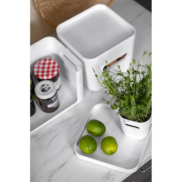 SmartStore Vorratsdose Compact - L x B x H: 20 x 20 x 16 cm, Kunststoff, Weiß - Weiße rechteckige Aufbewahrungsbehälter und Tabletts mit abgerundeten Ecken auf einer Küchenarbeitsplatte mit verschiedenen Gegenständen.