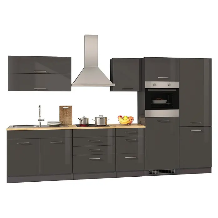 Held Möbel Küchenzeile Bari Typ 2 - Breite: 350 cm, Grau, Mit Elektrogeräten - Moderne graue Küche mit heller Holzplatte, Spüle, Kochfeld, Backofen und Dunstabzugshaube.