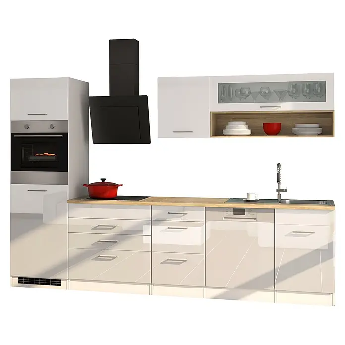 Held Möbel Küchenleerblock Bari Typ 1 - Breite: 300 cm, Weiß, Ohne Elektrogeräte - Moderne weiße Küche mit integriertem Backofen, Kochfeld, Dunstabzugshaube, Spüle und Geschirrspüler. Glänzende Schränke, helle Holztheke.