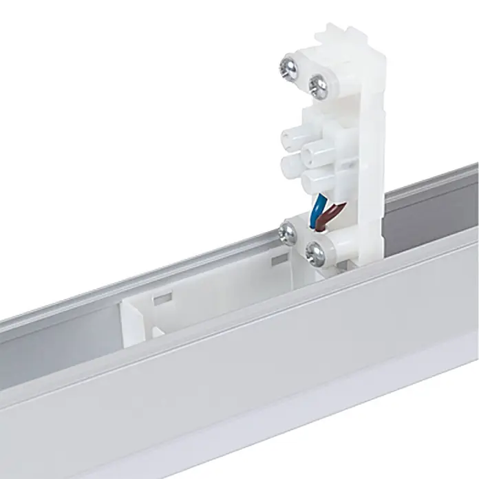 Ritter Leuchten LED-Lichtleiste - L x B x H: 123,3 x 3 x 4 cm, Lichtfarbe: Tageslichtweiß, 20 W, 230 V - Detailaufnahme einer weißen Lichtleiste mit integrierter Elektroinstallation. Die Leuchte bietet eine moderne und funktionale Beleuchtungslösung.