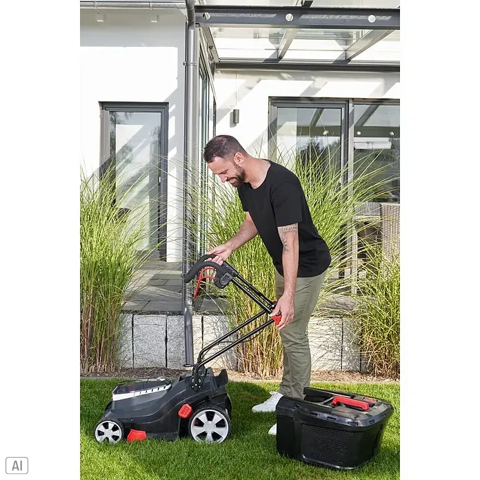 AL-KO Bosch Home & Garden Compatible Akku-Rasenmäher 3.82 LI EASY - 18 V, Ohne Akku, Schnittbreite: 38 cm - Ein Mann bedient einen schwarz-grauen Rasenmäher mit roten Akzenten, daneben eine schwarze Fangbox.