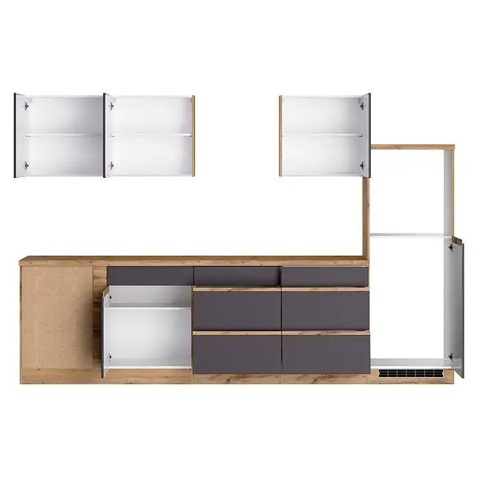 Held Möbel Küchenleerblock Catania Typ 1 - 300 x 240 cm, Graphite, Ohne Elektrogeräte - Moderne Küchenschrank- und Thekenkombination in Holzoptik und Dunkelgrau, mit teilweise geöffneten Türen und Schubladen.