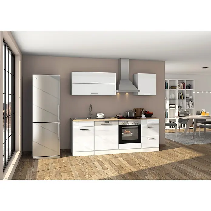 Held Möbel Küchenleerblock Bari Typ 4 - Breite: 220 cm, Weiß, Ohne Elektrogeräte - Moderne weiße Hochglanz-Küchenzeile mit heller Holz-Arbeitsplatte und Edelstahlgeräten in einer hellen Küche.