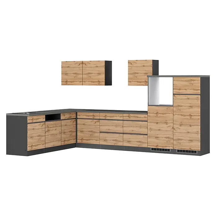 Held Möbel Küchenleerblock Catania Typ 1 - 360 x 240 cm, Eiche, Ohne Elektrogeräte - Eckküchenzeile mit hellen Holzfronten, dunkelgrauen Rahmen und passender Arbeitsplatte, Spüle und verschiedenen Schränken.