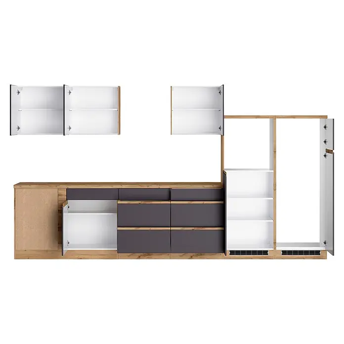 Held Möbel Küchenleerblock Catania Typ 1 - 360 x 240 cm, Graphite, Ohne Elektrogeräte - Moderne modulare Küchenmöbel in Holzoptik, Dunkelgrau und Weiß, mit offenen Schränken und Schubladen.