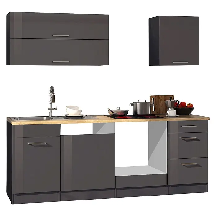 Held Möbel Küchenleerblock Bari Typ 4 - Breite: 220 cm, Anthrazit, Ohne Elektrogeräte - Dunkelgraue Küchenzeile mit Holzplatte, Spüle, Kochfeld und Gerätestellplatz.