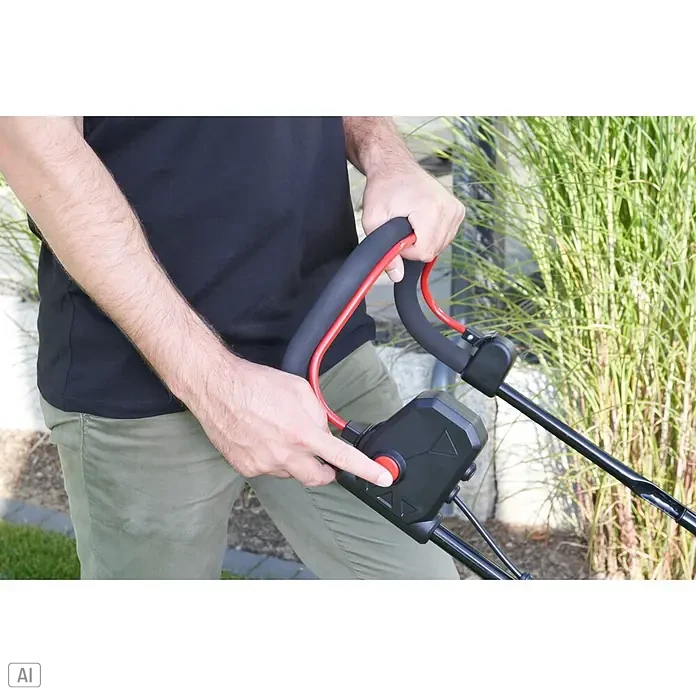 AL-KO Bosch Home & Garden Compatible Akku-Rasenmäher 3.82 LI EASY - 18 V, Ohne Akku, Schnittbreite: 38 cm - Person drückt roten Startknopf am schwarzen Rasenmähergriff mit Schaumstoffpolstern.