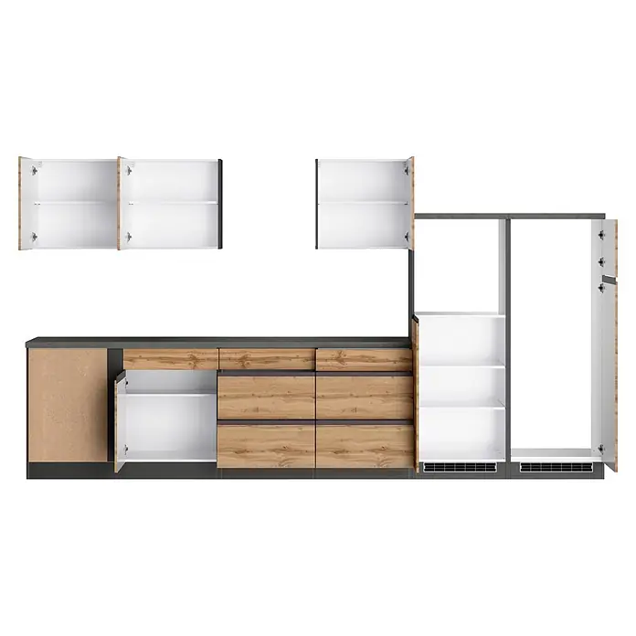 Held Möbel Küchenleerblock Catania Typ 1 - 360 x 240 cm, Eiche, Ohne Elektrogeräte - Modulare Küchenzeile mit heller Holzmaserung und dunkelgrauen Elementen; offene Ober- und Hochschränke, Unterschränke mit Schubladen.