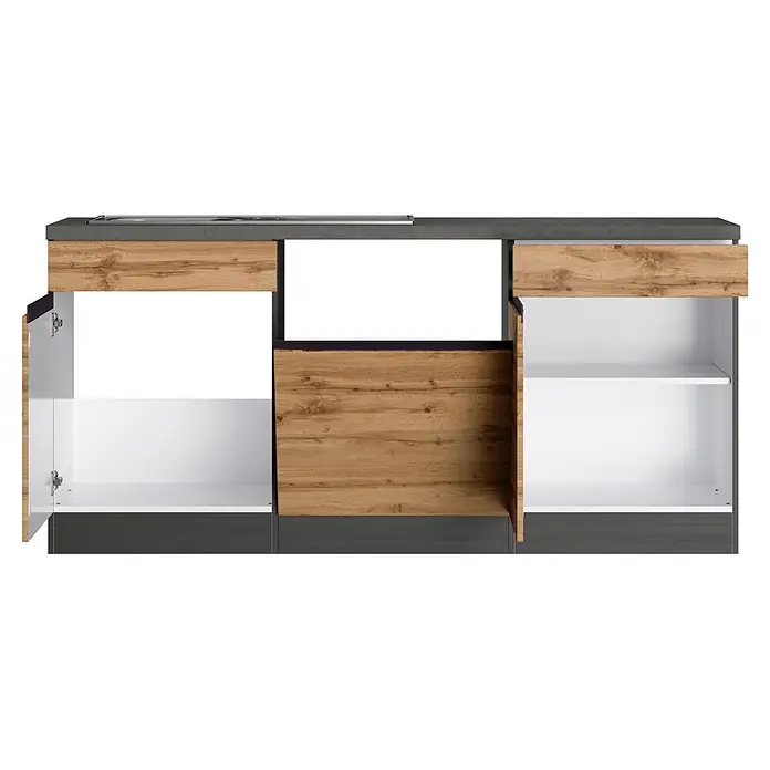Held Möbel Küchenleerblock Catania Typ 1 - 360 x 240 cm, Eiche, Ohne Elektrogeräte - Küchenunterschrank in Holzoptik mit grauer Arbeitsplatte, offen mit Fächern und Ablagen.