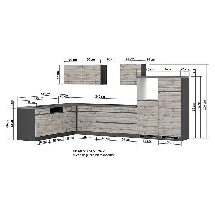 Held Möbel Küchenleerblock Catania Typ 1 - 360 x 240 cm, Eiche, Ohne Elektrogeräte - Moderne L-förmige Einbauküche mit hellgrauen Holzdekorfronten und dunkelgrauer Arbeitsplatte, inklusive Unter-, Ober- und Hochschränken.