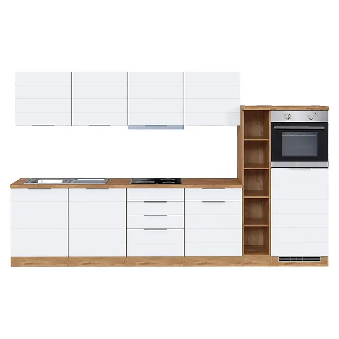 Held Möbel Küchenzeile Genua Typ 3 - Breite: 330 cm, Weiß, Mit Elektrogeräten - Moderne weiße Küchenzeile mit Holzakzenten, integriertem Backofen, Kochfeld und Spüle.