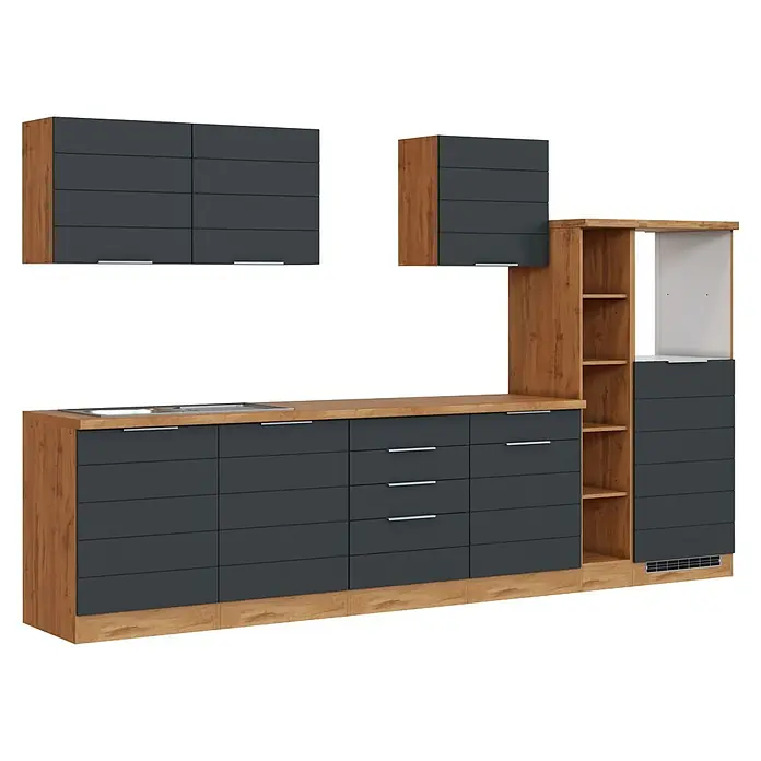 Held Möbel Küchenleerblock Genua Typ 2 - Breite: 330 cm, Grau, Ohne Elektrogeräte - Dunkelgraue und holzfarbene Küchenschränke mit Arbeitsplatte, Spüle, offenen Regalen und Hängeschränken.