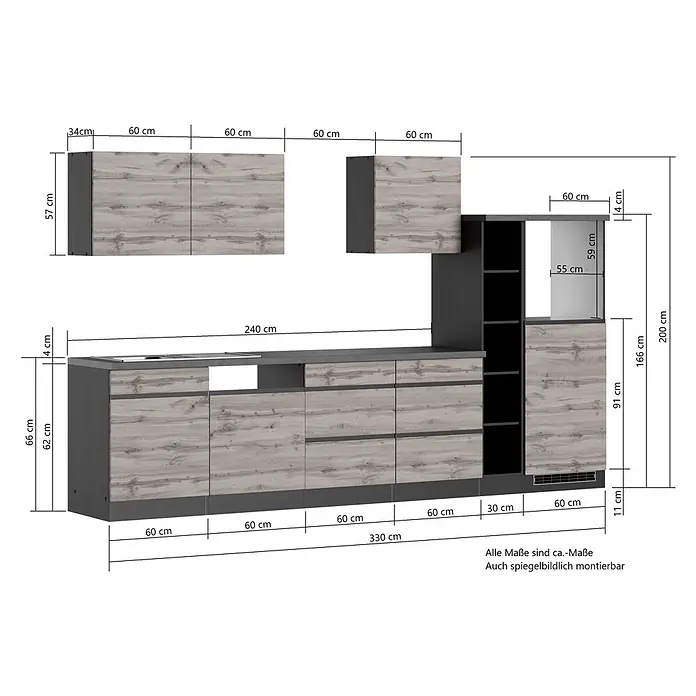 Held Möbel Küchenleerblock Catania Typ 3 - Breite: 330 cm, Graphite, Ohne Elektrogeräte - Modulare Küchenzeile mit hellen Holzfronten und dunkelgrauen Rahmen/Arbeitsplatte, inklusive Schränken, Schubladen, Spüle und offenen Regalen.