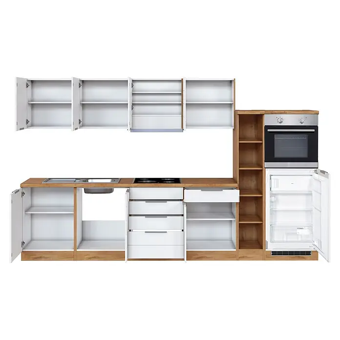 Held Möbel Küchenzeile Genua Typ 3 - Breite: 330 cm, Weiß, Mit Elektrogeräten - Moderne Küchenzeile mit Holzoptik-Basis und weißen Schränken, Schubladen und Oberschränken. Inklusive Spüle, Kochfeld, Backofen und offenem Kühlschrank.