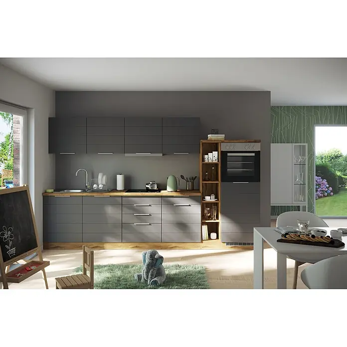 Held Möbel Küchenleerblock Genua Typ 2 - Breite: 330 cm, Grau, Ohne Elektrogeräte - Moderne Küche mit grauen Schränken, Holz-Arbeitsplatten und Einbaugeräten in hellem Wohnambiente.