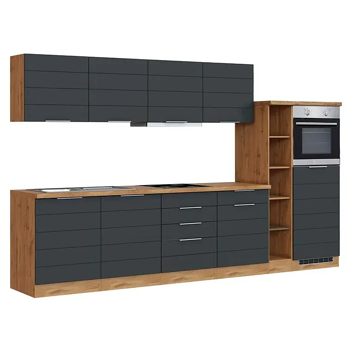 Held Möbel Küchenzeile Genua Typ 4 - Breite: 330 cm, Grau, Mit Elektrogeräten - Moderne Küchenzeile mit dunkelgrauen Fronten, Arbeitsplatte und Seitenwänden in Holzoptik, integriertem Backofen, Kochfeld, Spüle und Dunstabzugshaube.